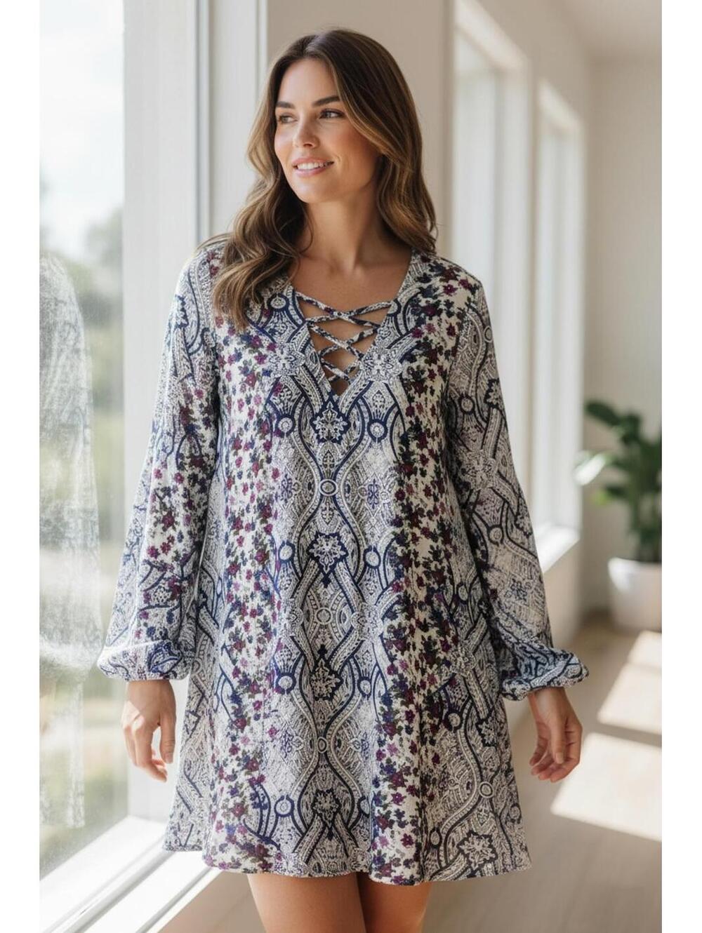 Speechless Women's Long Sleeve Lace-Up‎ Patterned Dress Size XS